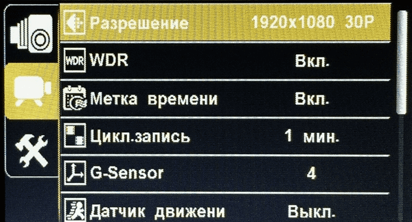 Меню для активации датчиков